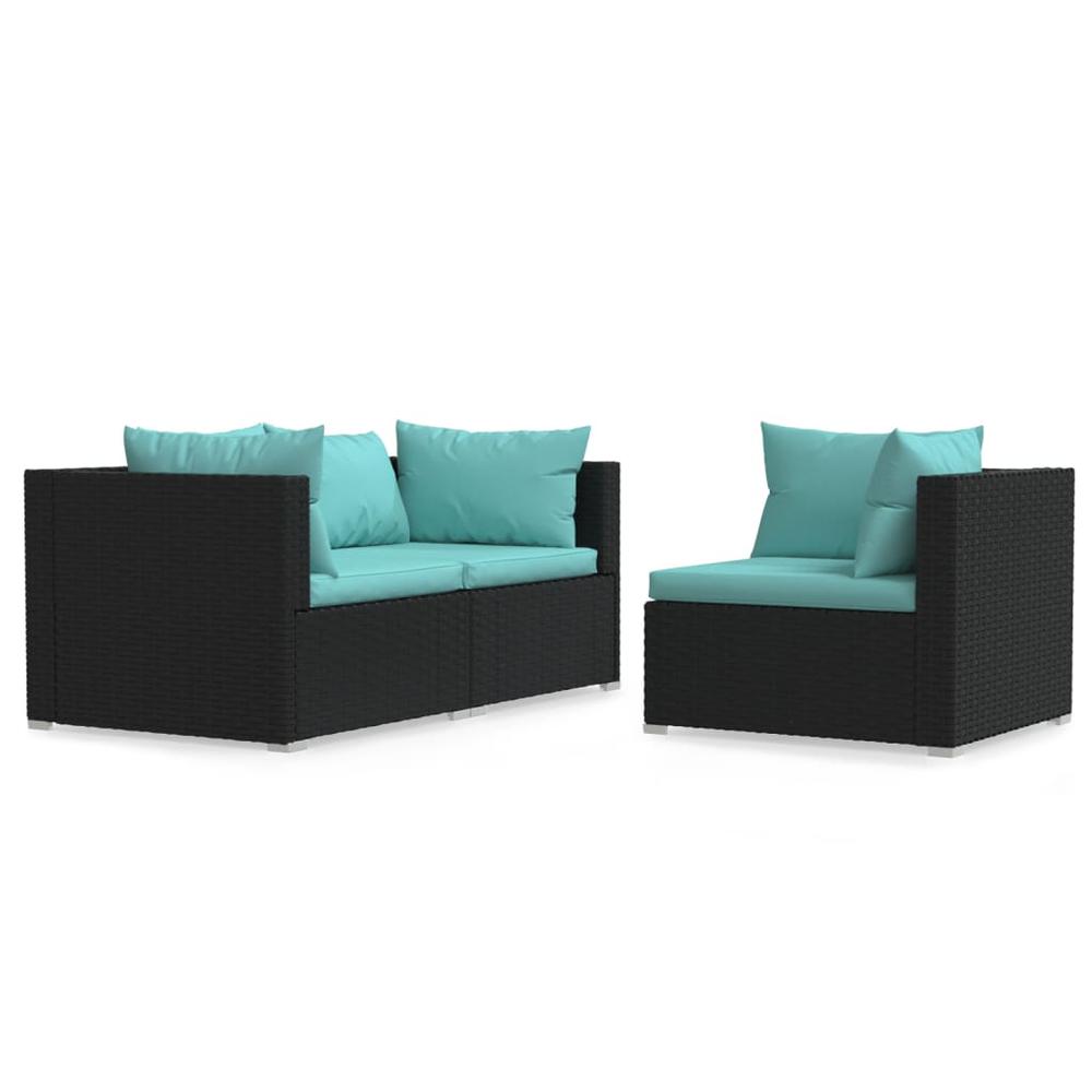 vidaXL 3 Piece Patio Lounge Set with Cushions Black Poly Rattan, 317538. Picture 2