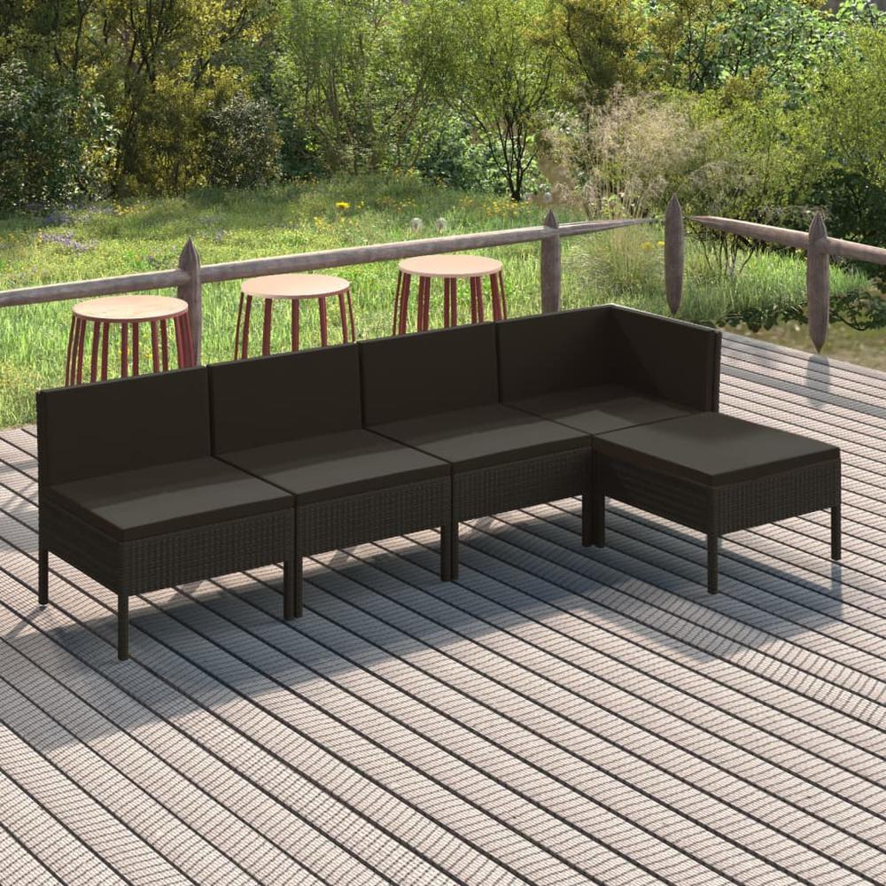 vidaXL 5 Piece Patio Lounge Set with Cushions Poly Rattan Black, 3094369. Picture 1