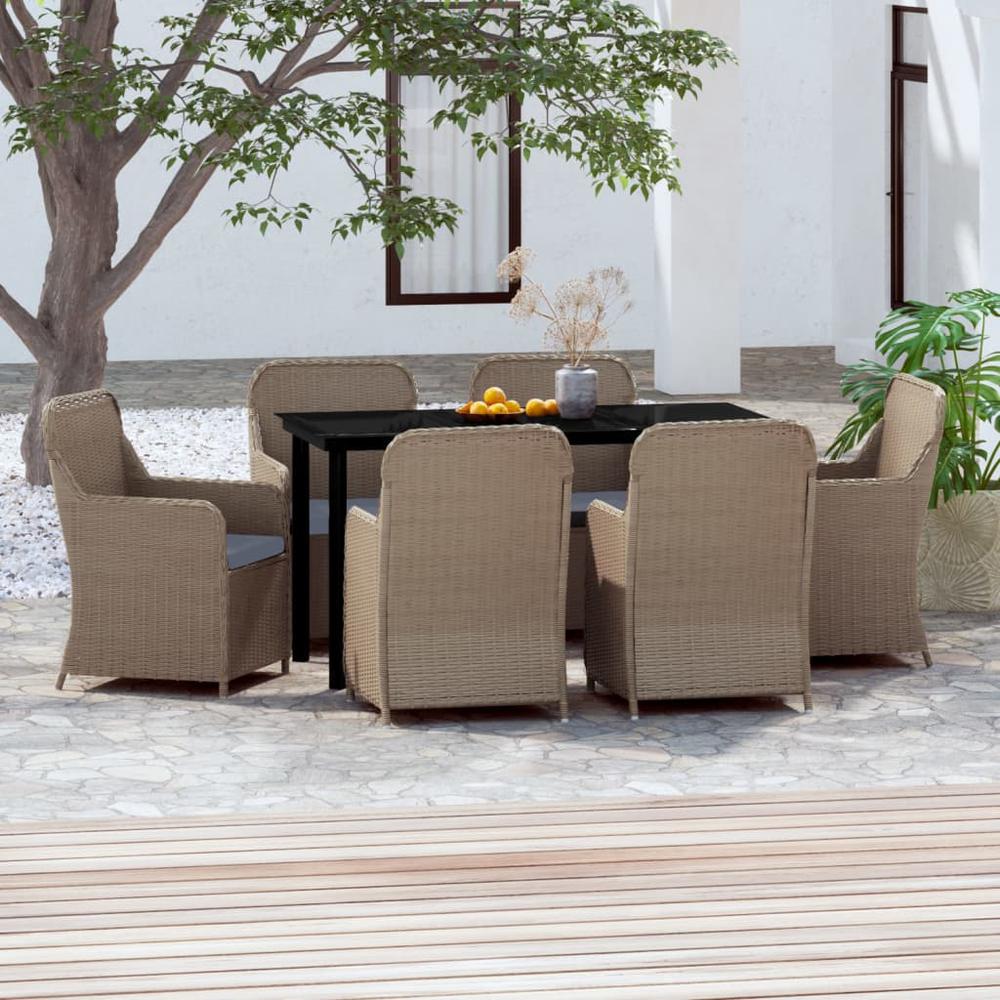 vidaXL 7 Piece Patio Dining Set with Cushions Brown, 3099538. Picture 1