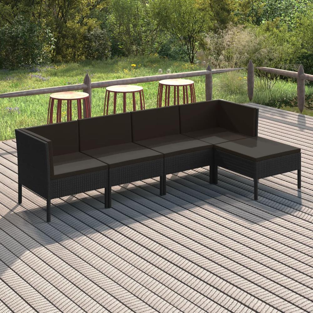 vidaXL 5 Piece Patio Lounge Set with Cushions Poly Rattan Black, 3094381. Picture 1