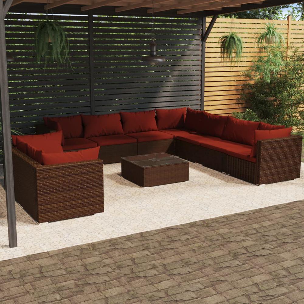 vidaXL 10 Piece Patio Lounge Set with Cushions Brown Poly Rattan, 3102507. Picture 1