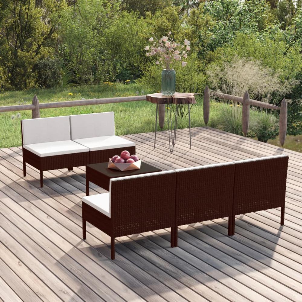 vidaXL 6 Piece Patio Lounge Set with Cushions Poly Rattan Brown, 3094319. Picture 1