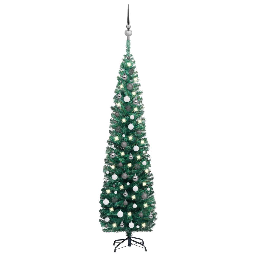vidaXL Slim Artificial Christmas Tree with LEDs&Ball Set Green 82.7", 3077901. Picture 1