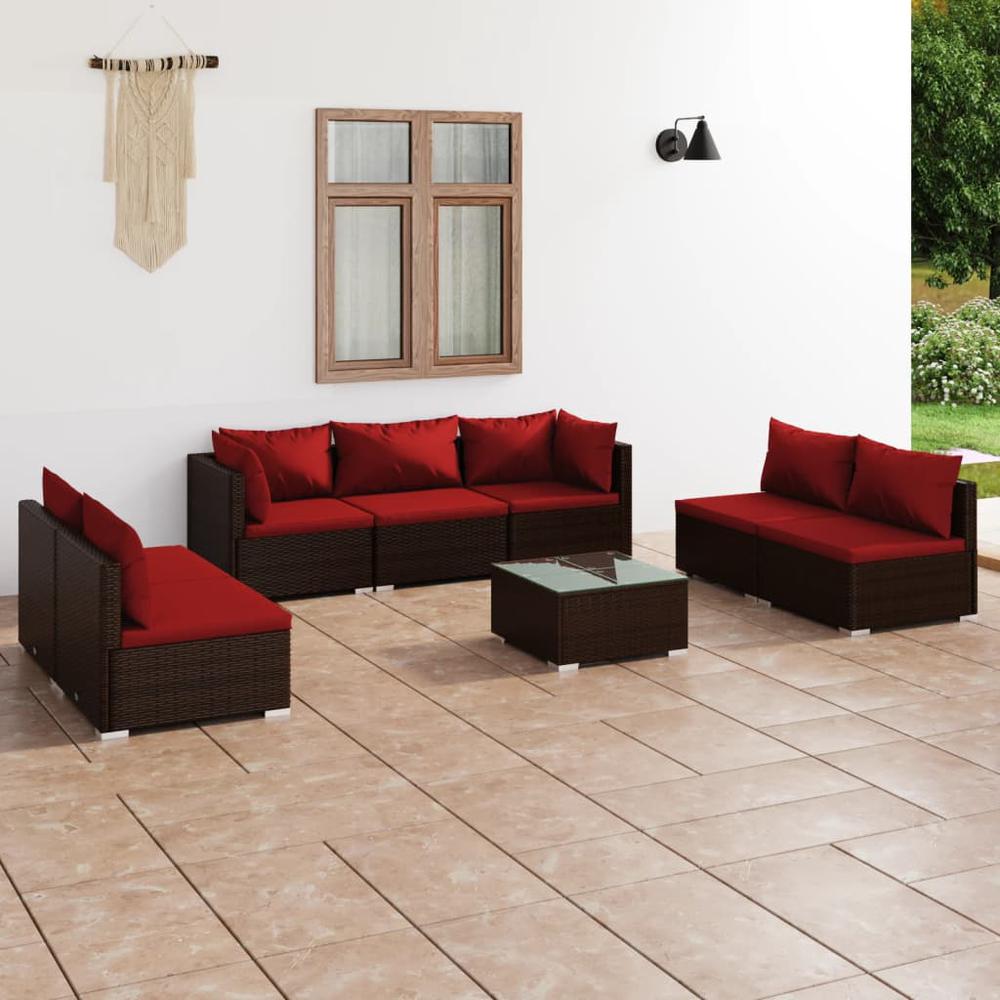 vidaXL 8 Piece Patio Lounge Set with Cushions Poly Rattan Brown, 3102243. Picture 1
