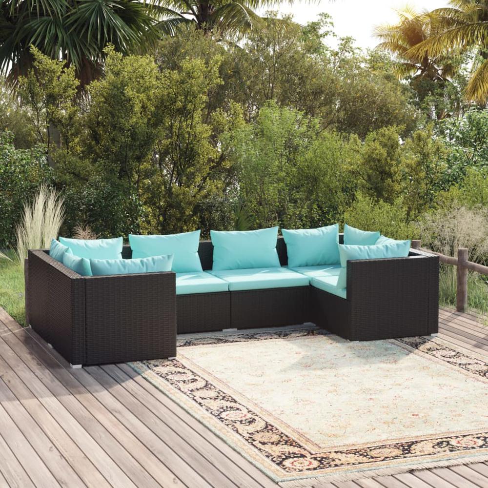 vidaXL 6 Piece Patio Lounge Set with Cushions Poly Rattan Black, 3101937. Picture 1