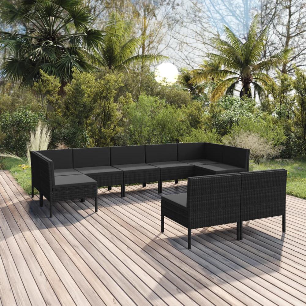 vidaXL 9 Piece Patio Lounge Set with Cushions Poly Rattan Black, 3094605. Picture 1