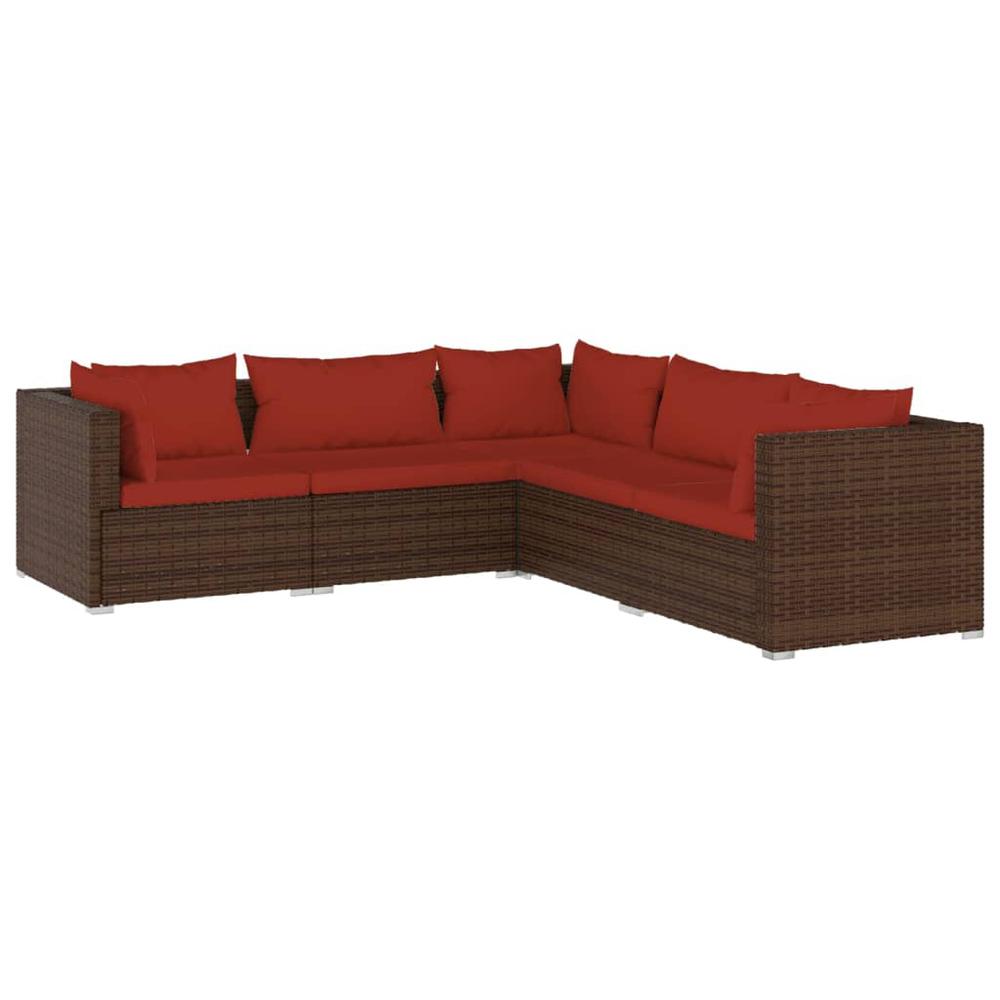 vidaXL 5 Piece Patio Lounge Set with Cushions Poly Rattan Brown, 3101699. Picture 2