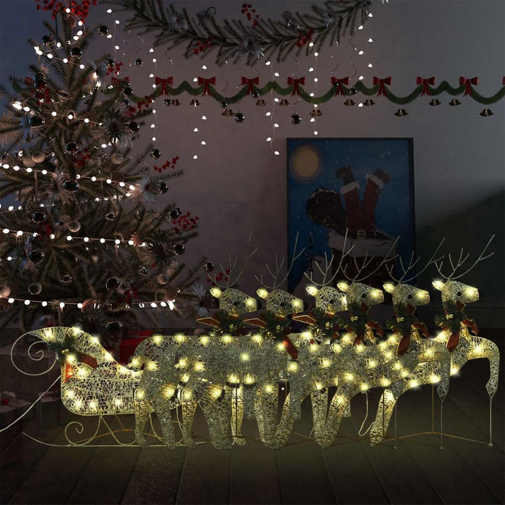 vidaXL Reindeer & Sleigh Christmas Decoration 140 LEDs Outdoor Gold. Picture 1