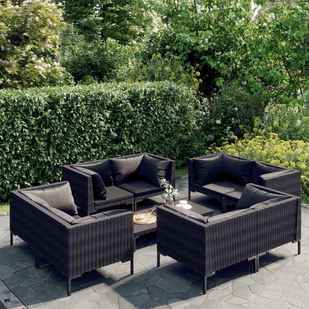 vidaXL 9 Piece Patio Lounge Set with Cushions Poly Rattan Dark Gray, 3099809. Picture 1