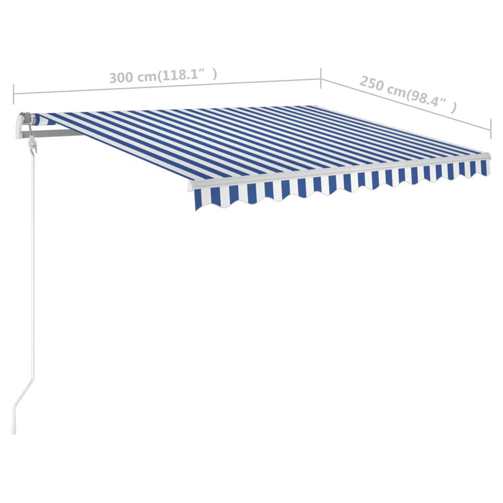 vidaXL Manual Retractable Awning with LED 118.1"x98.4" Blue and White. Picture 12