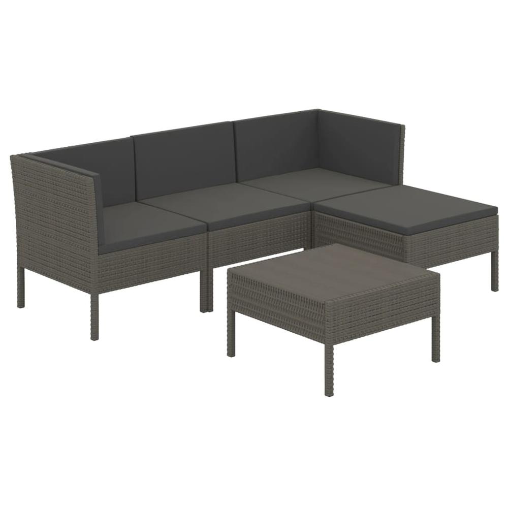vidaXL 5 Piece Patio Lounge Set with Cushions Poly Rattan Gray, 3094378. Picture 2