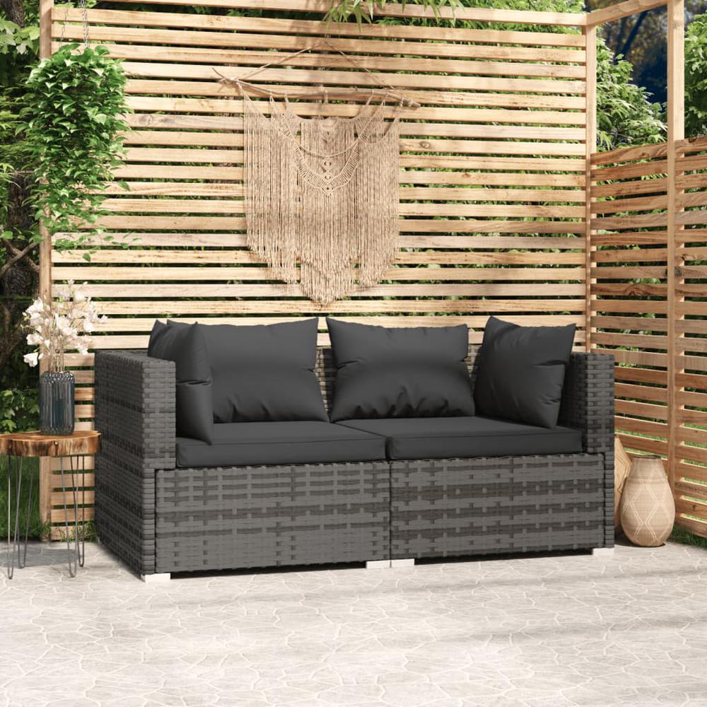 vidaXL 2-Seater Sofa with Cushions Gray Poly Rattan. Picture 1