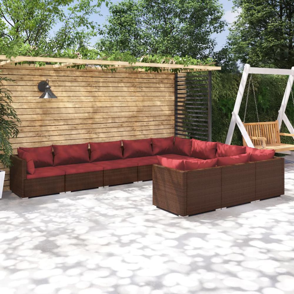 vidaXL 10 Piece Patio Lounge Set with Cushions Poly Rattan Brown, 3102779. Picture 1