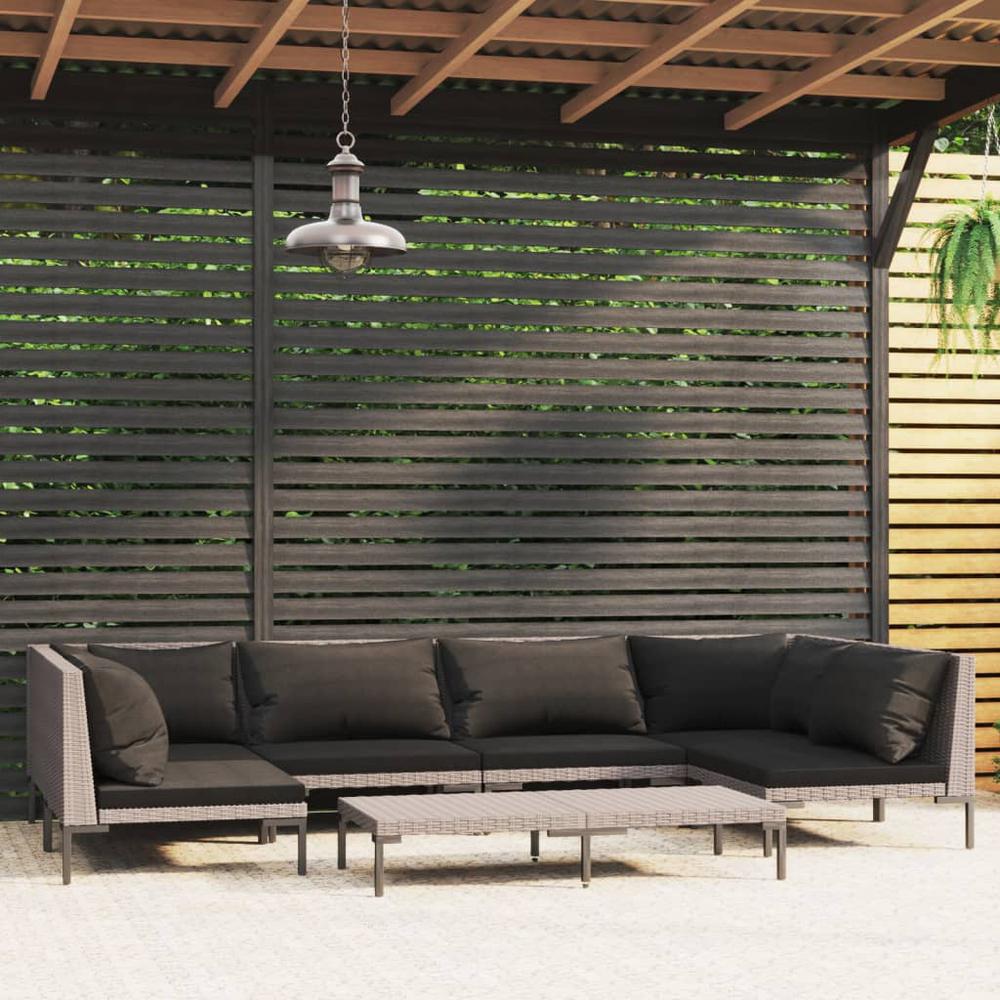 vidaXL 7 Piece Patio Lounge Set with Cushions Poly Rattan Dark Gray, 3099919. Picture 1