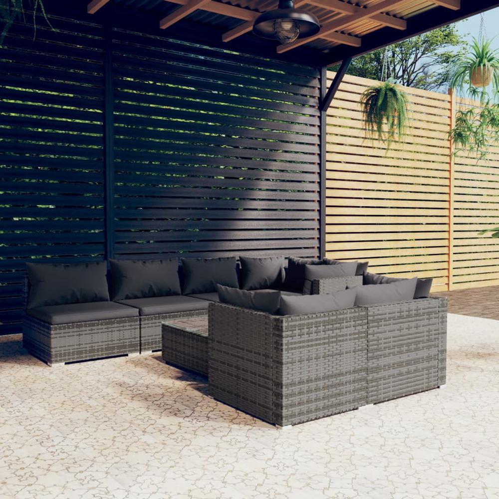vidaXL 8 Piece Patio Lounge Set with Cushions Gray Poly Rattan, 3102469. Picture 1