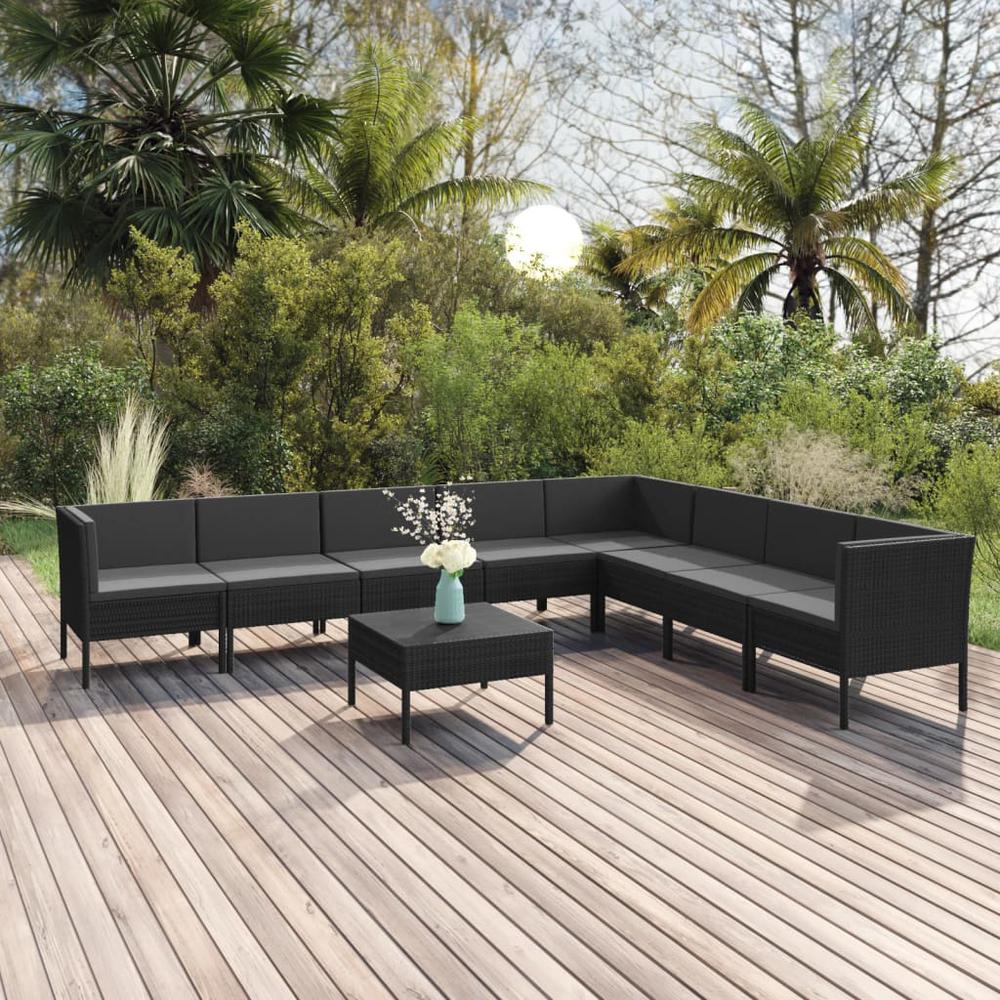vidaXL 9 Piece Patio Lounge Set with Cushions Poly Rattan Black, 3094461. Picture 1