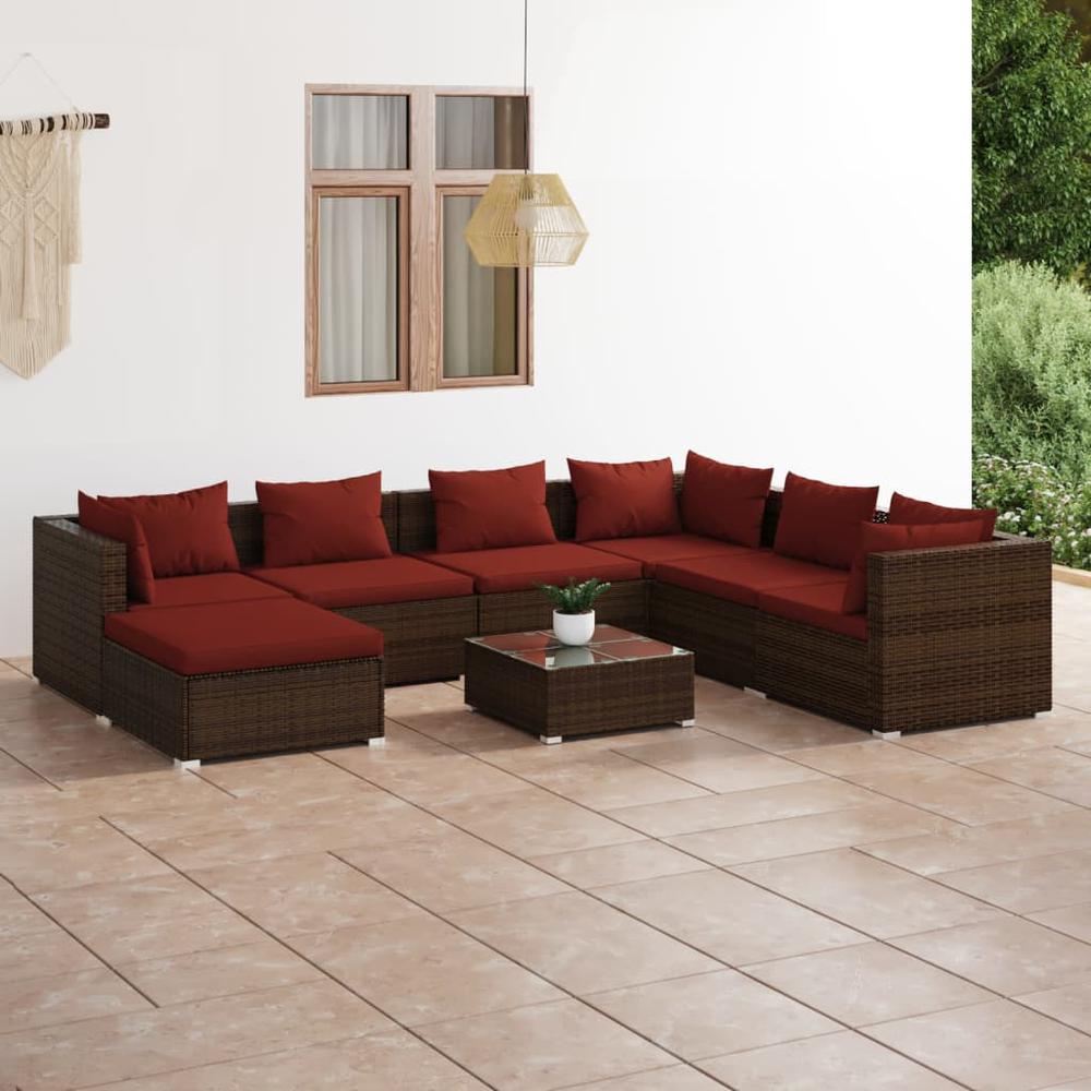 vidaXL 8 Piece Patio Lounge Set with Cushions Poly Rattan Brown, 3101851. Picture 1