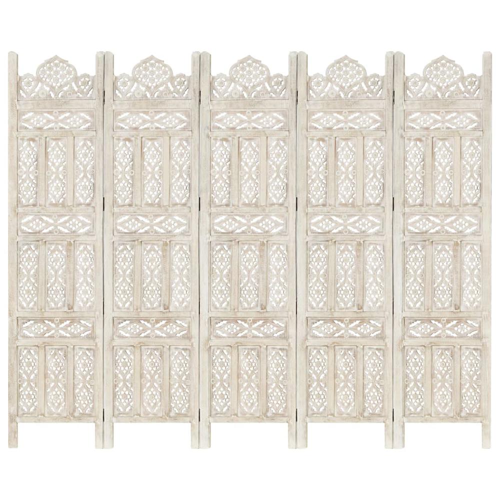 vidaXL Hand carved 5-Panel Room Divider White 78.7"x65" Solid Mango Wood, 285320. Picture 1