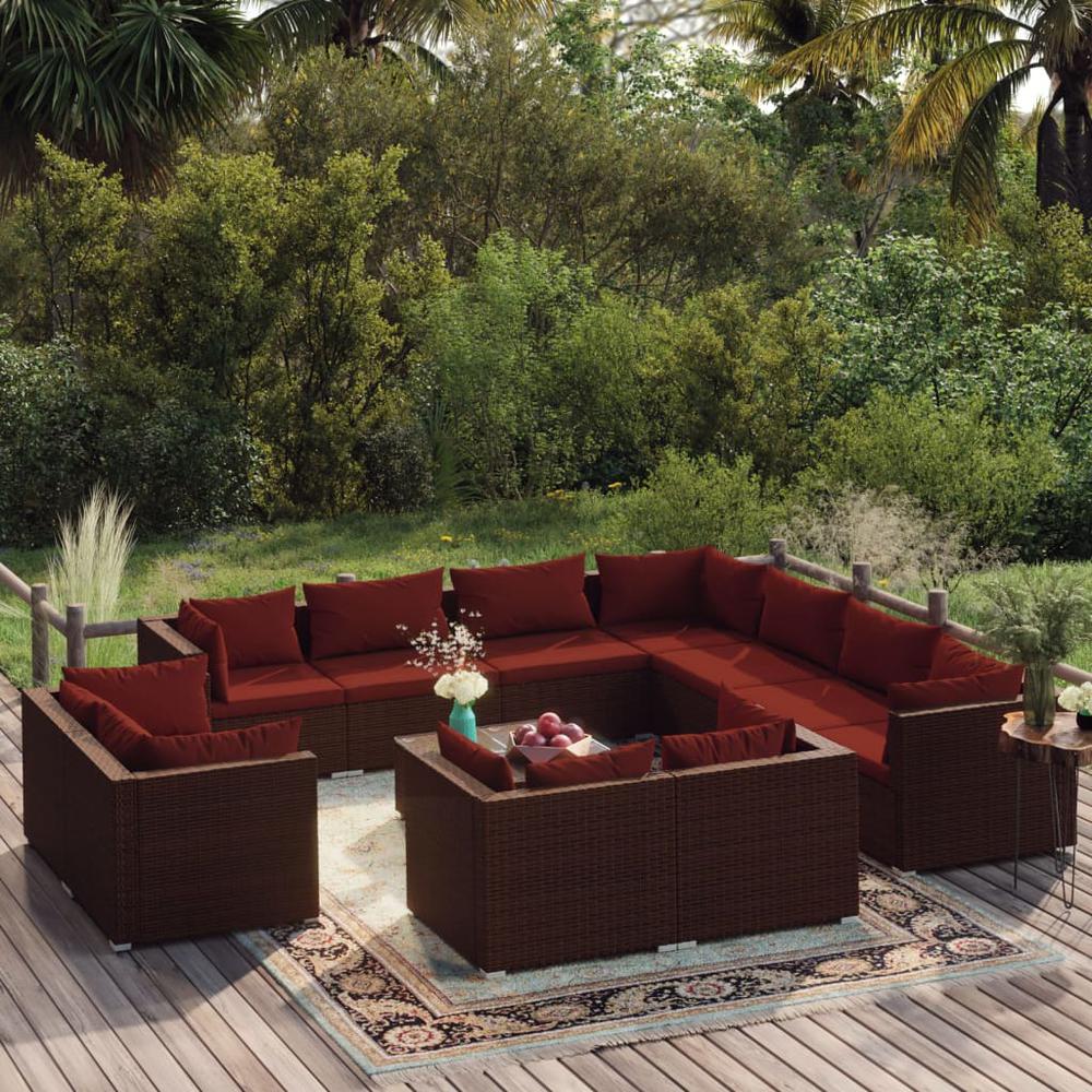 vidaXL 12 Piece Patio Lounge Set with Cushions Brown Poly Rattan, 3102883. Picture 1