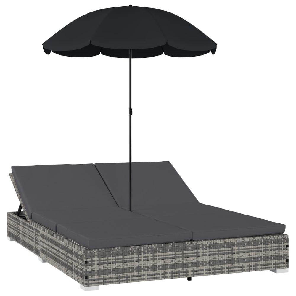 vidaXL Outdoor Lounge Bed with Umbrella Poly Rattan Gray, 48125. Picture 2