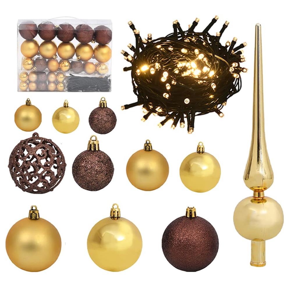 vidaXL 61 Piece Christmas Ball Set with Peak and 150 LEDs Gold&Bronze. Picture 1