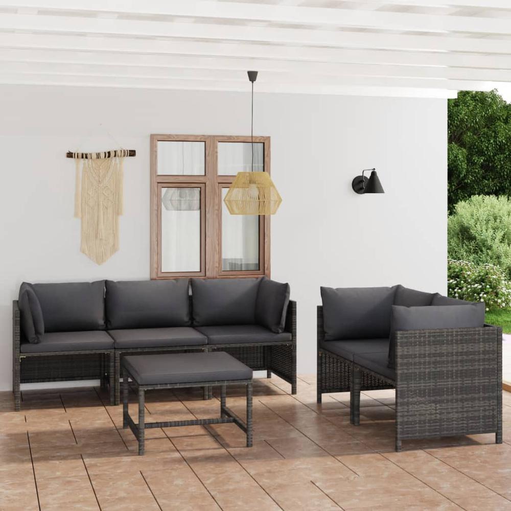 vidaXL 6 Piece Patio Lounge Set with Cushions Poly Rattan Gray, 3059759. Picture 1