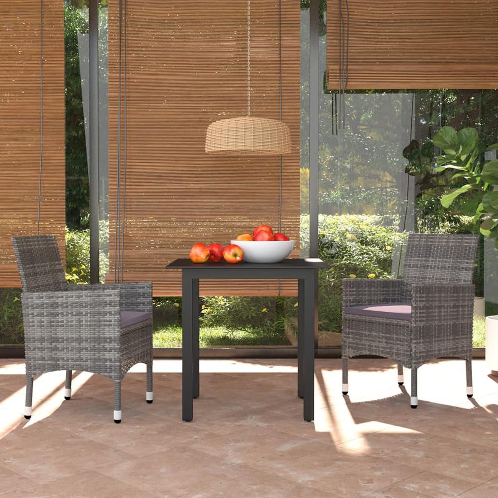 vidaXL 3 Piece Patio Dining Set with Cushions Poly Rattan Gray. Picture 1