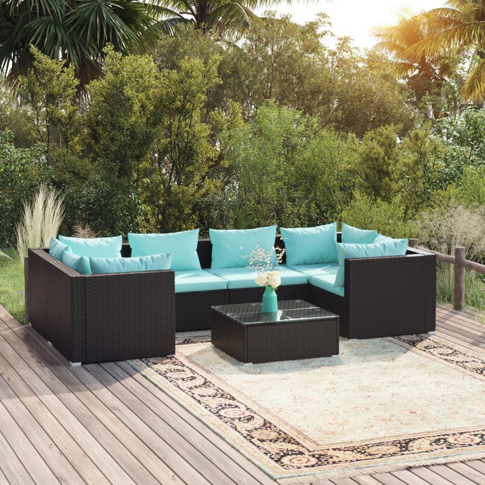 vidaXL 7 Piece Patio Lounge Set with Cushions Poly Rattan Black, 3101945. Picture 1