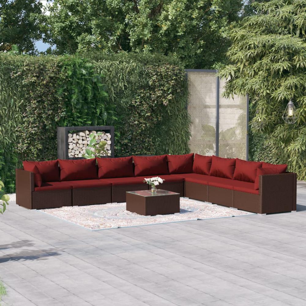 vidaXL 9 Piece Patio Lounge Set with Cushions Poly Rattan Brown, 3101779. Picture 1