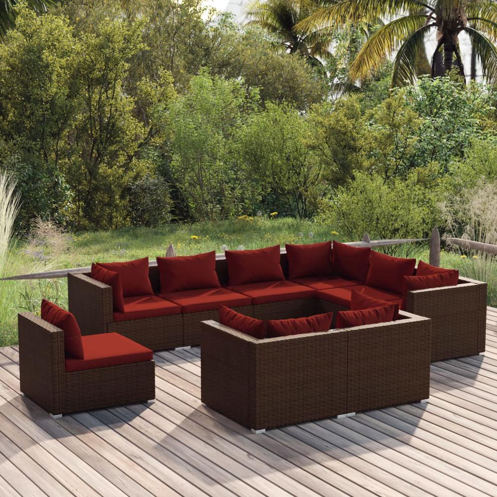 vidaXL 9 Piece Patio Lounge Set with Cushions Poly Rattan Brown, 3102643. Picture 1