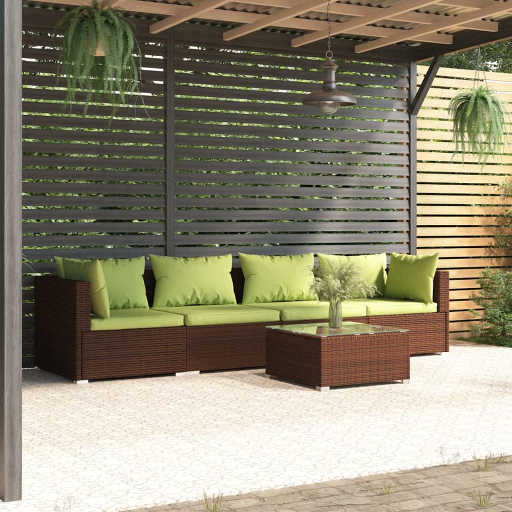 vidaXL 5 Piece Patio Lounge Set with Cushions Poly Rattan Brown, 3101436. Picture 1