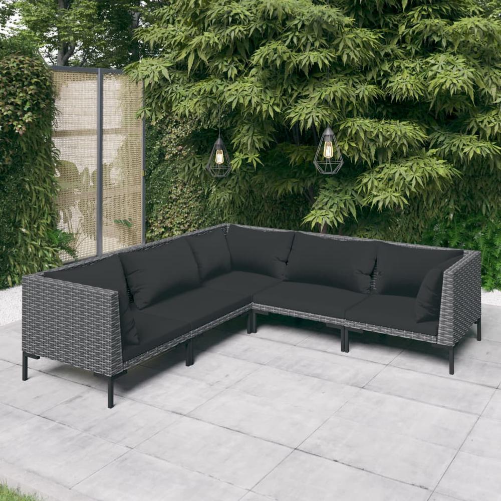 vidaXL 5 Piece Patio Lounge Set with Cushions Poly Rattan Dark Gray, 3099840. Picture 1