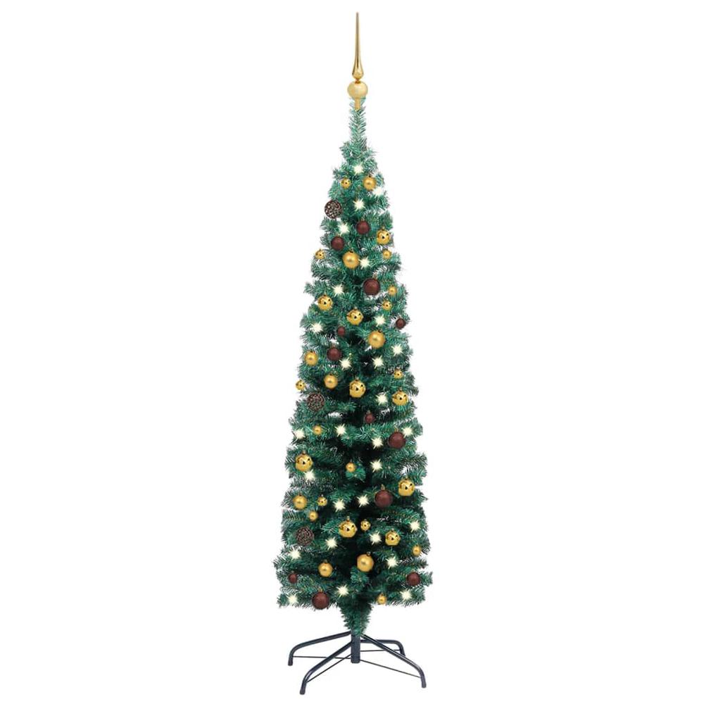 vidaXL Slim Artificial Christmas Tree with LEDs&Ball Set Green 47.2", 3077802. Picture 1