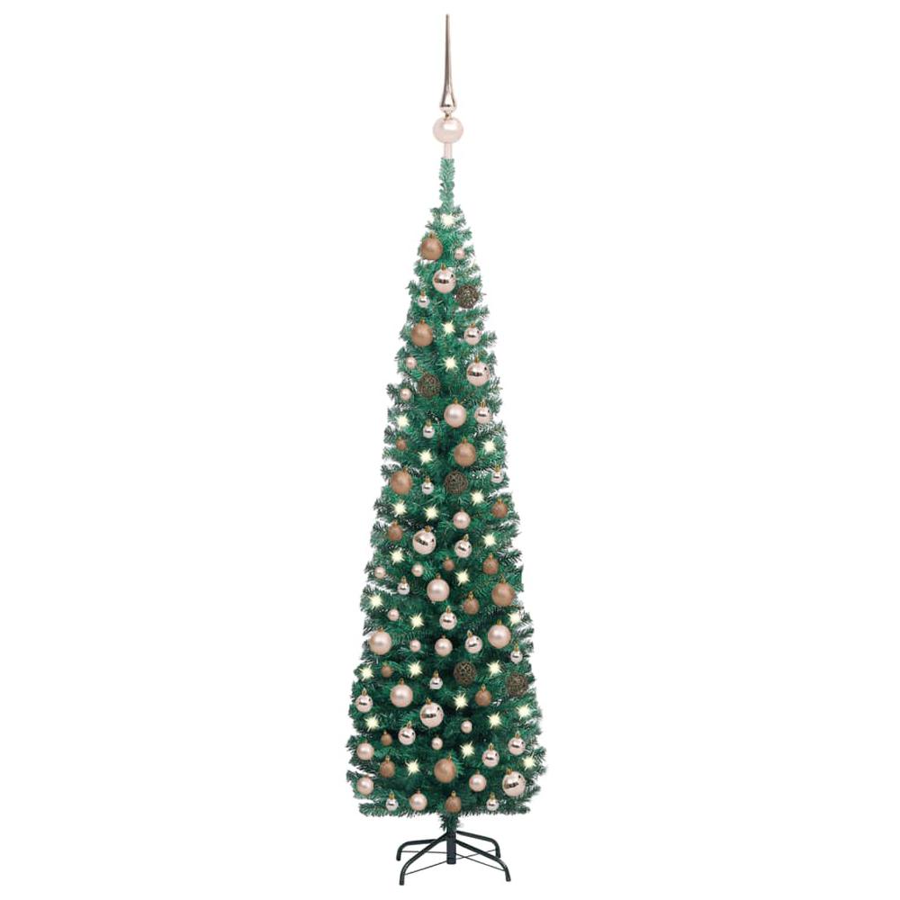 vidaXL Slim Artificial Christmas Tree with LEDs&Ball Set Green 94.5", 3077854. Picture 1