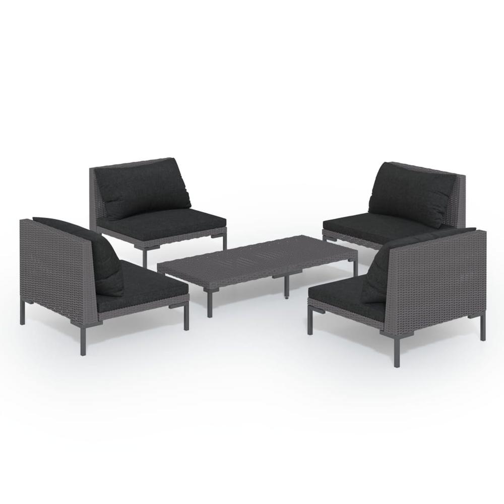 vidaXL 5 Piece Patio Lounge Set with Cushions Poly Rattan Dark Gray, 3099804. Picture 2