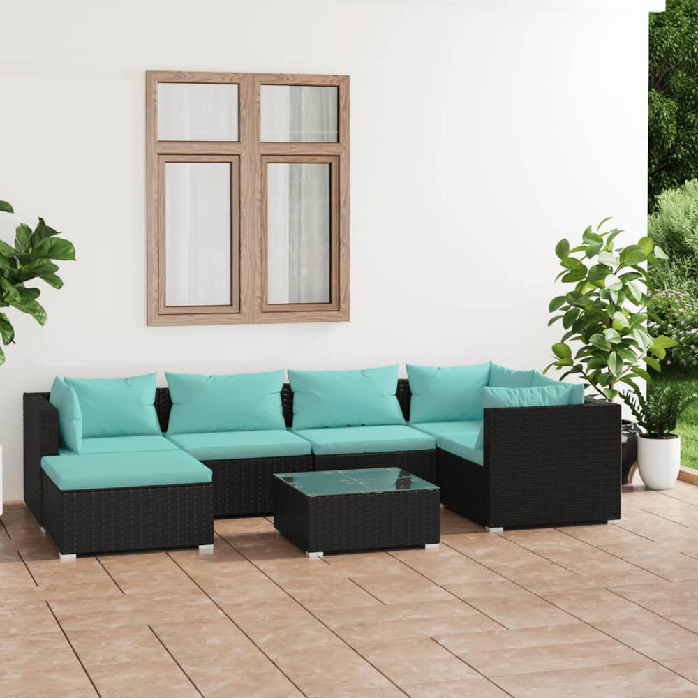 vidaXL 7 Piece Patio Lounge Set with Cushions Poly Rattan Black, 3101817. Picture 1