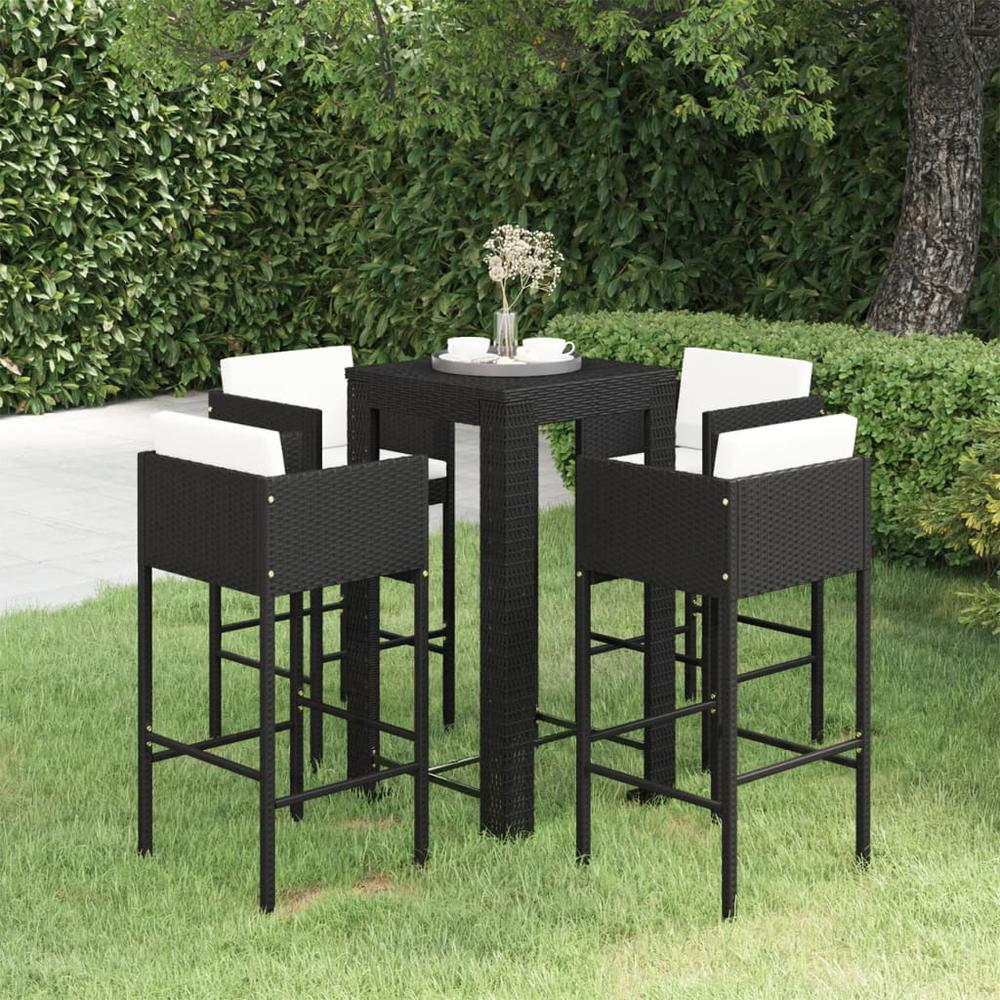 vidaXL 5 Piece Patio Bar Set with Cushions Poly Rattan Black, 3094781. Picture 1