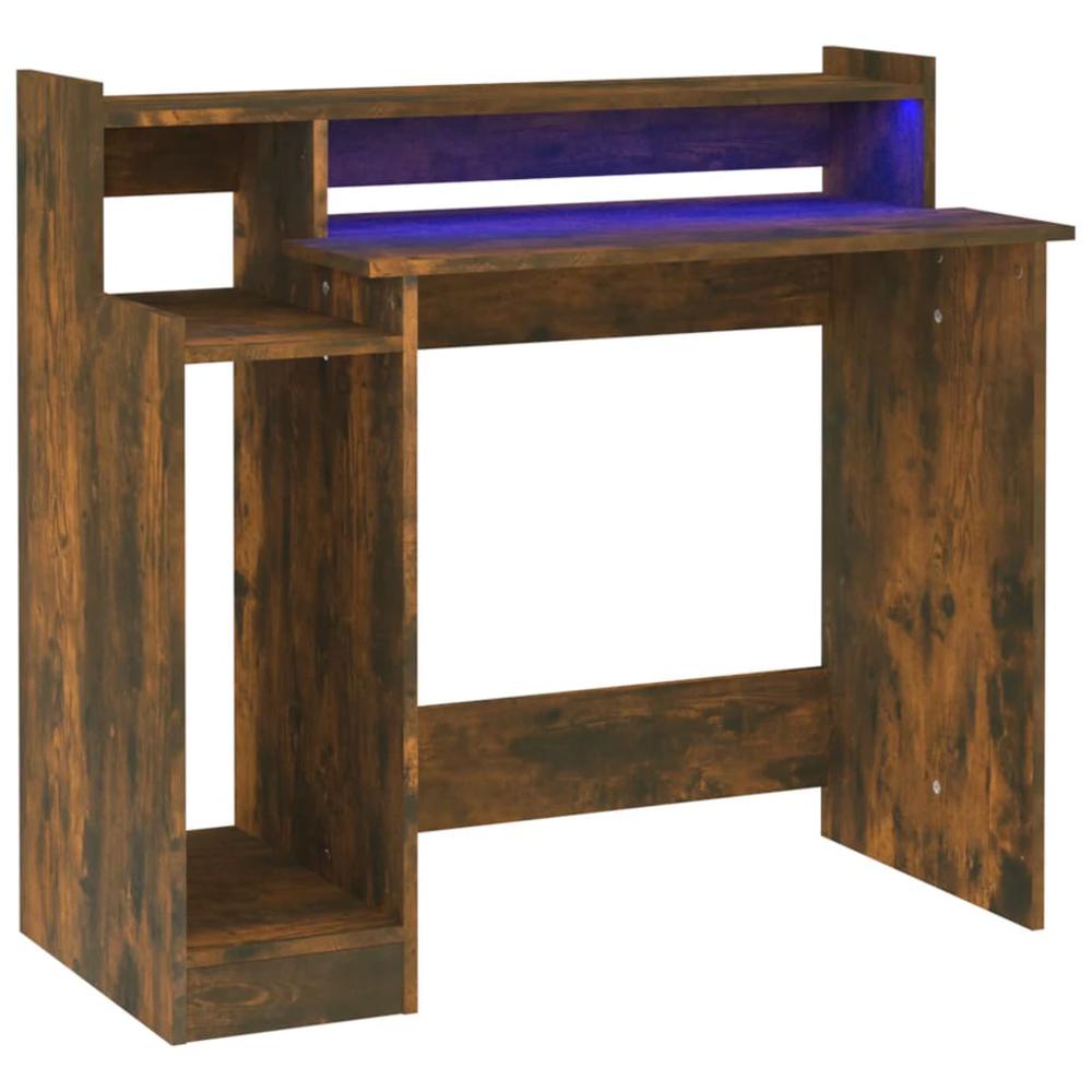 vidaXL Desk with LED Lights Smoked Oak 38.2"x17.7"x35.4" Engineered Wood. Picture 2