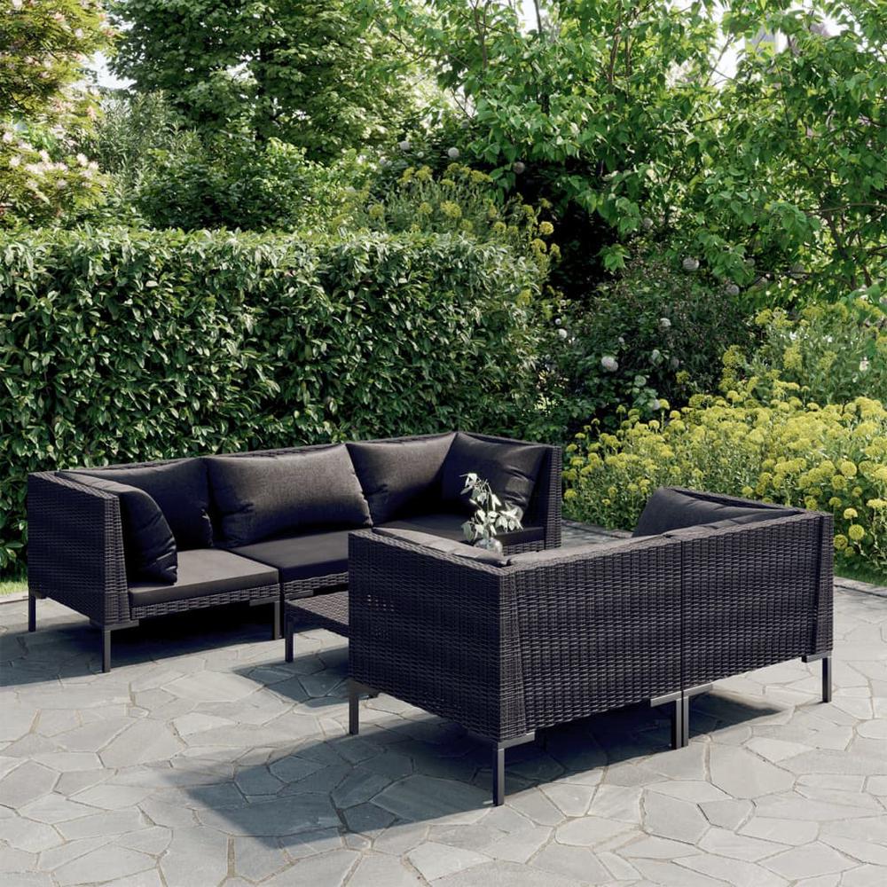 vidaXL 6 Piece Patio Lounge Set with Cushions Poly Rattan Dark Gray, 3099799. Picture 1