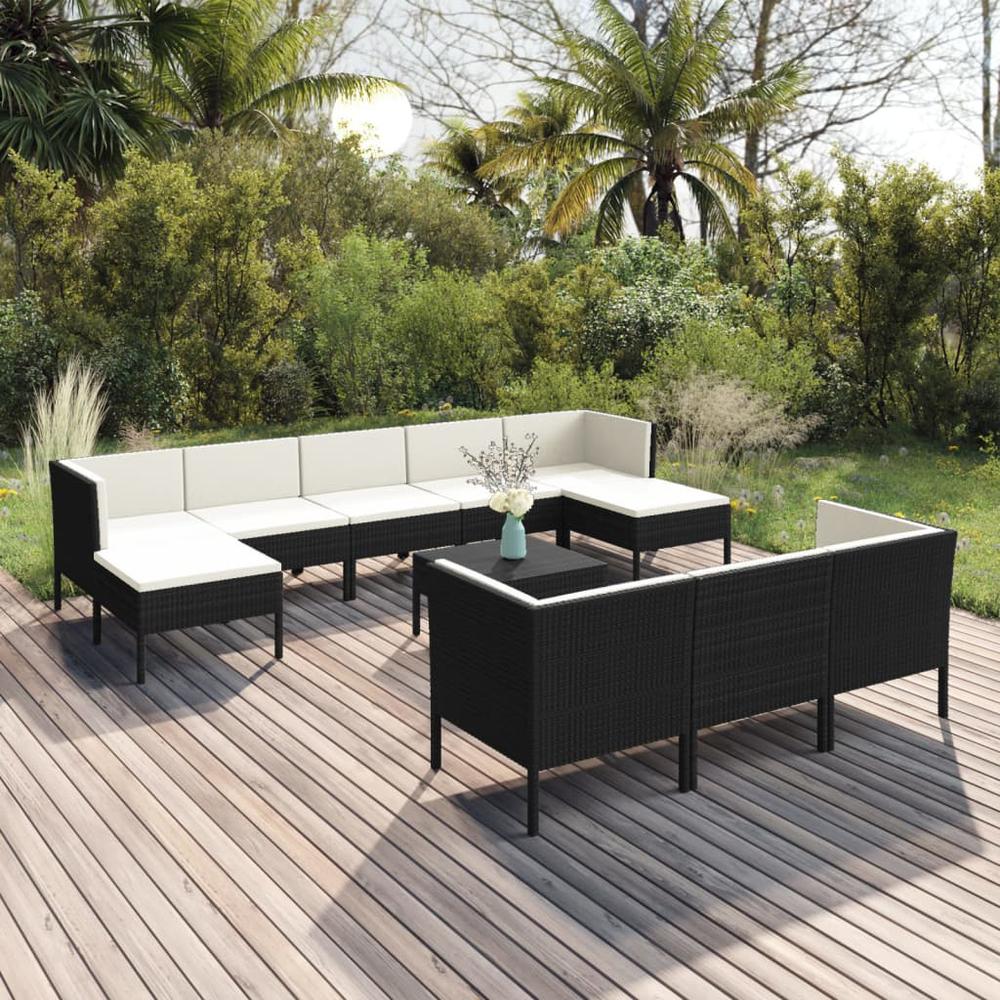 vidaXL 11 Piece Patio Lounge Set with Cushions Poly Rattan Black, 3094584. Picture 1