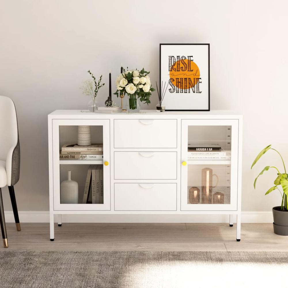 vidaXL Sideboard White 41.3"x13.8"x27.6" Steel and Tempered Glass. Picture 1