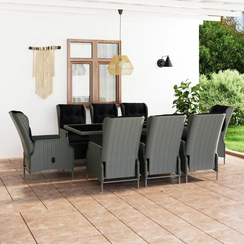 vidaXL 9 Piece Patio Dining Set with Cushions Poly Rattan Light Gray, 3060142. Picture 1