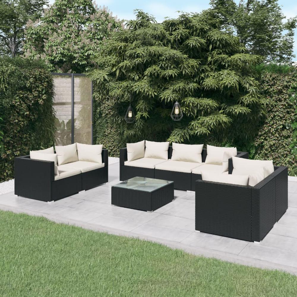 vidaXL 8 Piece Patio Lounge Set with Cushions Poly Rattan Black, 3102271. Picture 1