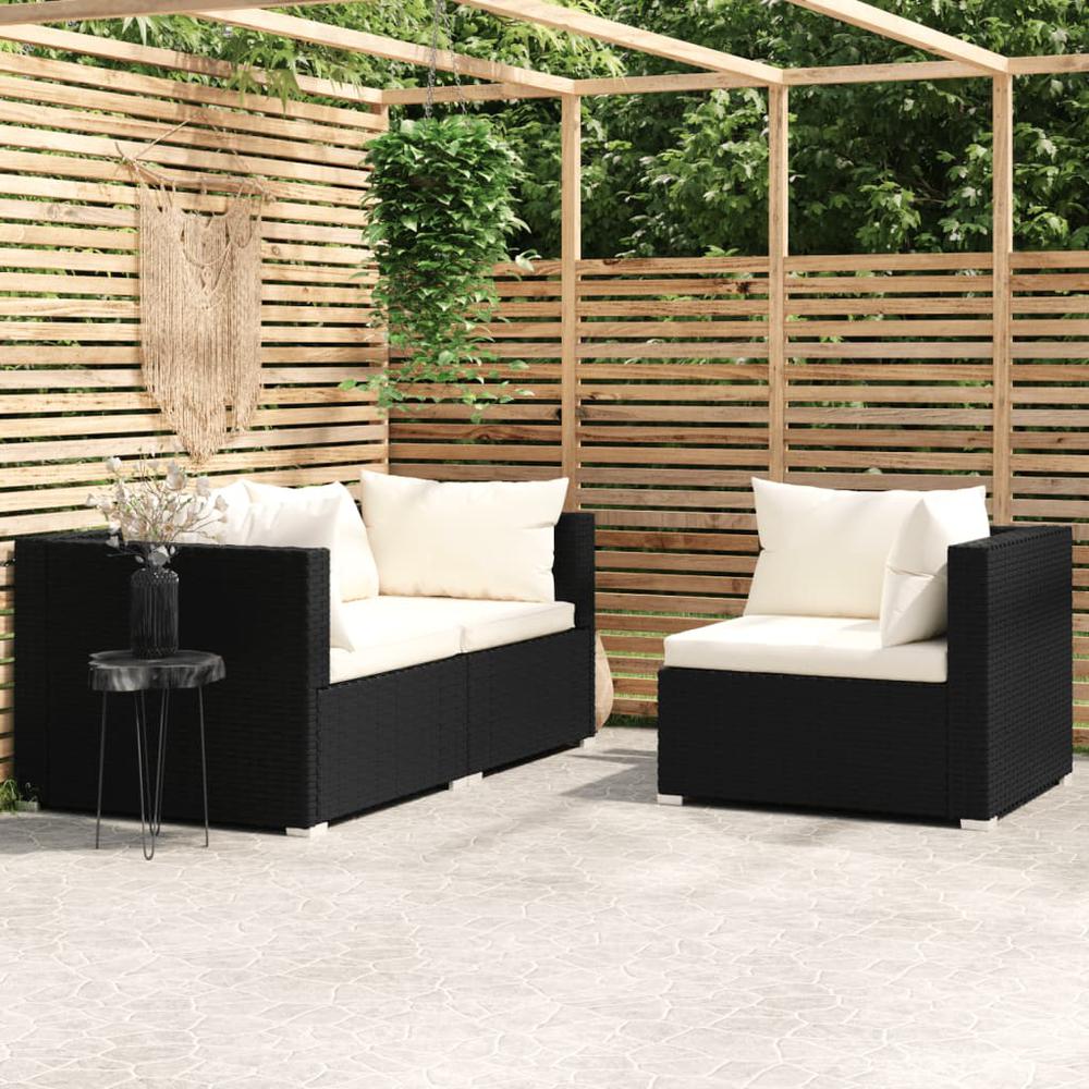 vidaXL 3 Piece Patio Lounge Set with Cushions Black Poly Rattan, 317494. Picture 1