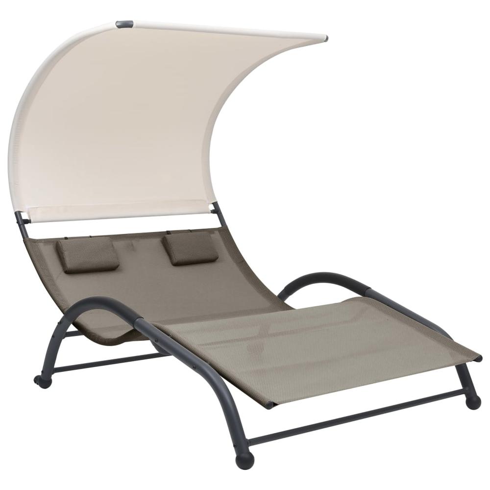 vidaXL Double Sun Lounger with Canopy Textilene Taupe. Picture 1