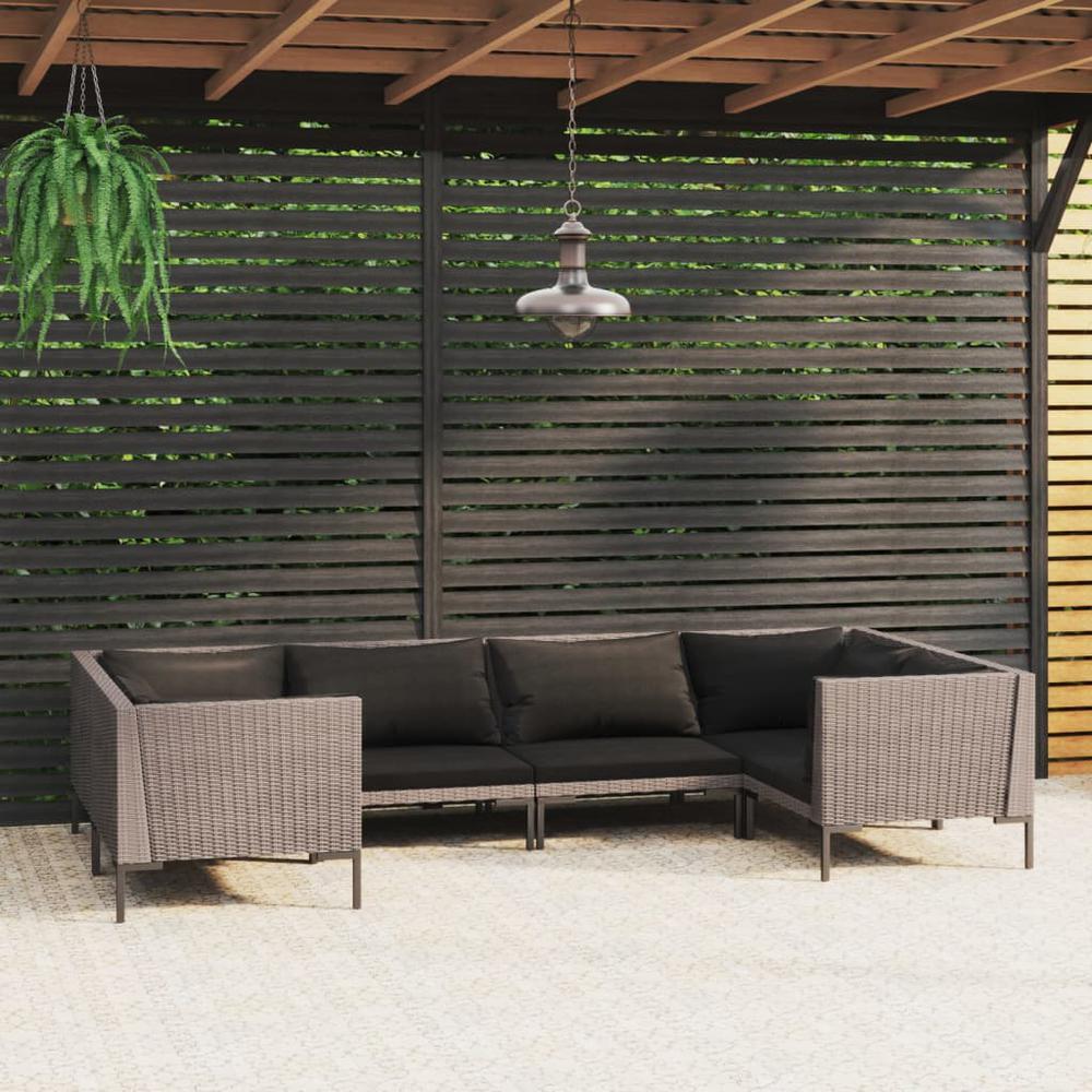 vidaXL 6 Piece Patio Lounge Set with Cushions Poly Rattan Dark Gray, 3099926. Picture 1