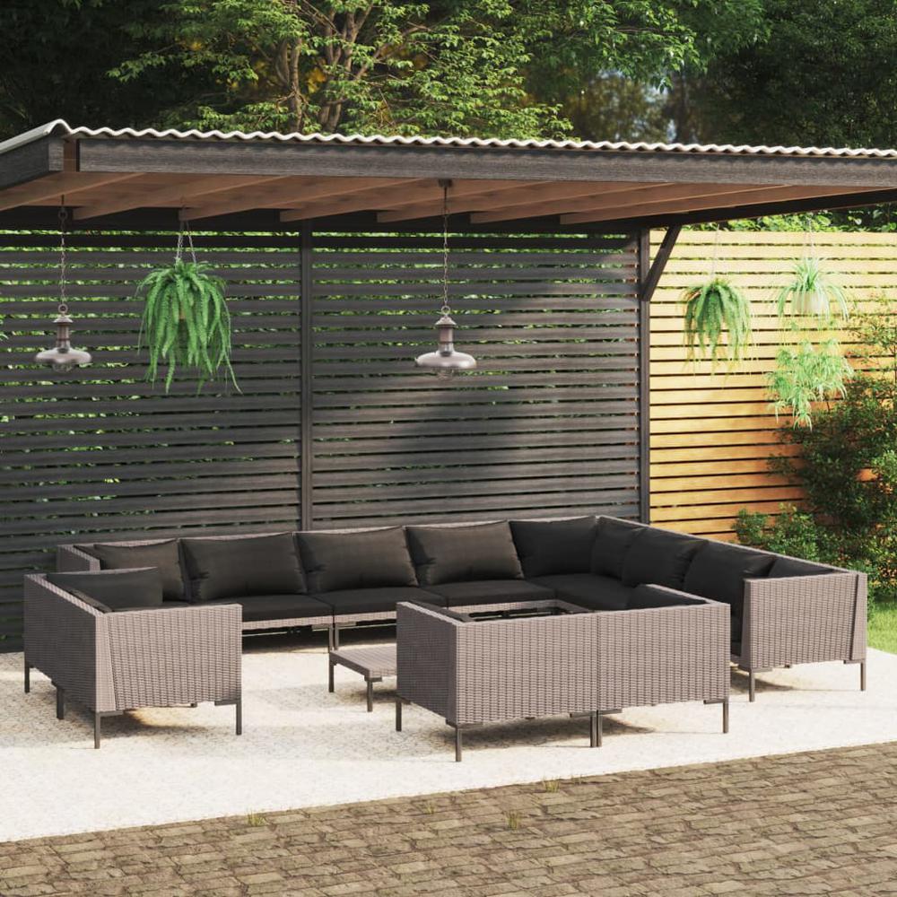 vidaXL 13 Piece Patio Lounge Set with Cushions Poly Rattan Dark Gray, 3099905. Picture 1