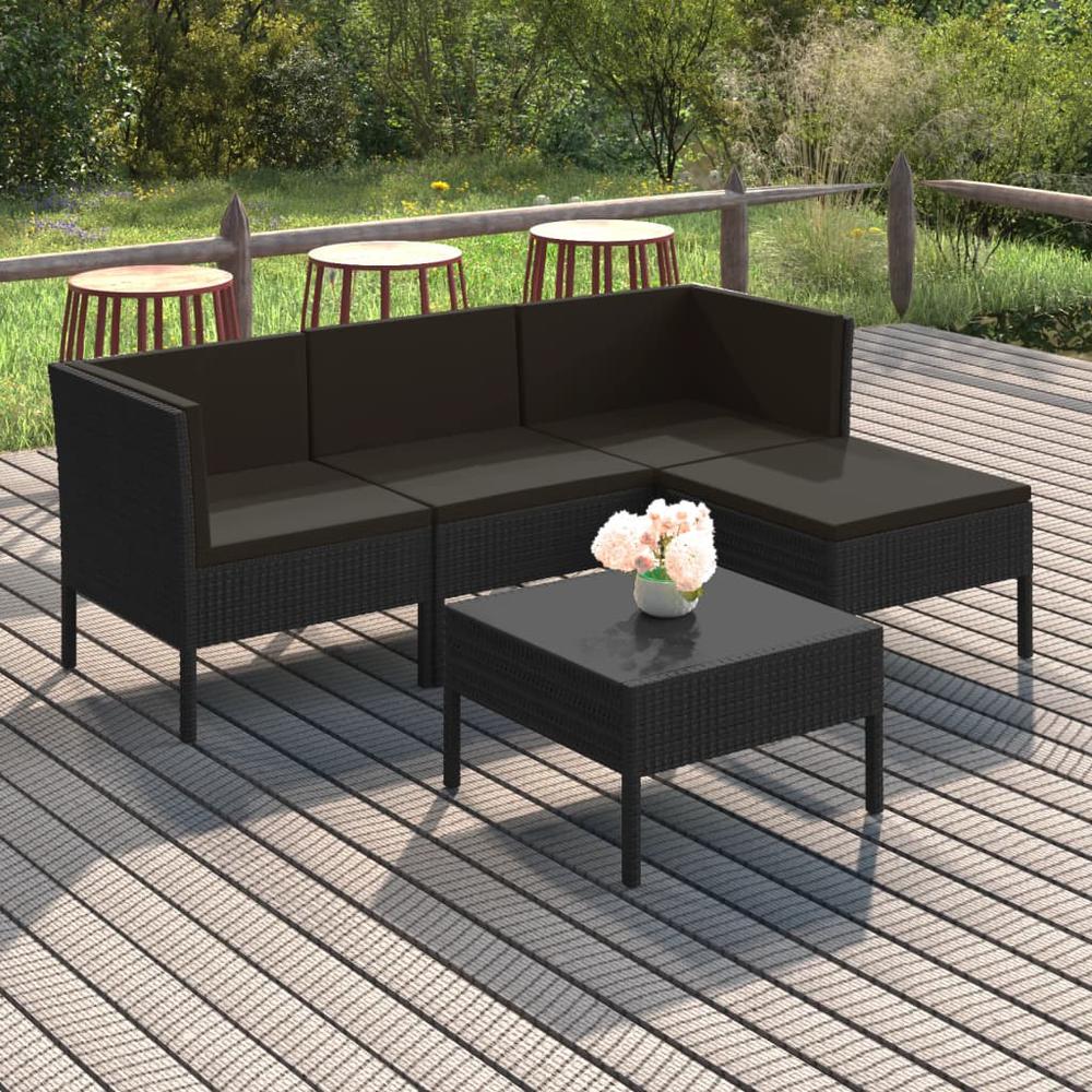 vidaXL 5 Piece Patio Lounge Set with Cushions Poly Rattan Black, 3094377. Picture 1