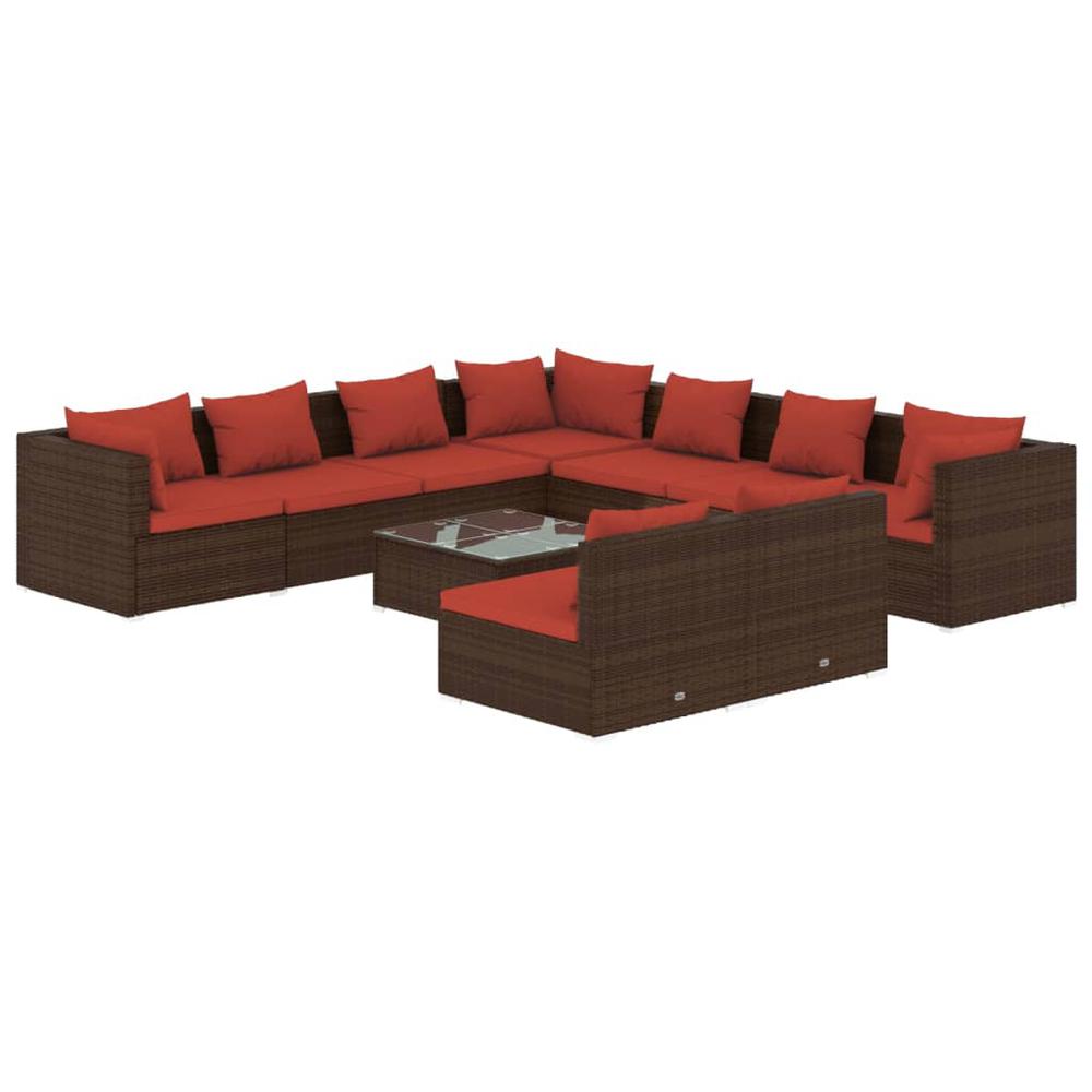 vidaXL 10 Piece Patio Lounge Set with Cushions Brown Poly Rattan, 3102427. Picture 2