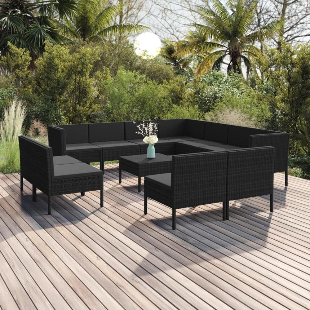 vidaXL 12 Piece Patio Lounge Set with Cushions Poly Rattan Black, 3094481. The main picture.